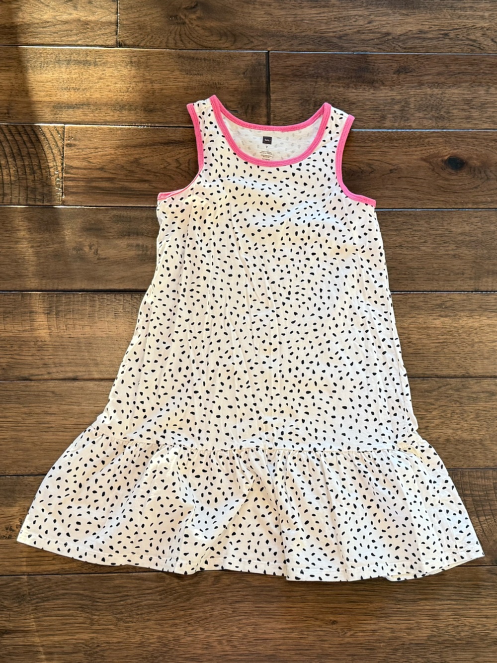 Tea Collection White Tank Dress with Pink Trim and Black Print, Size 7